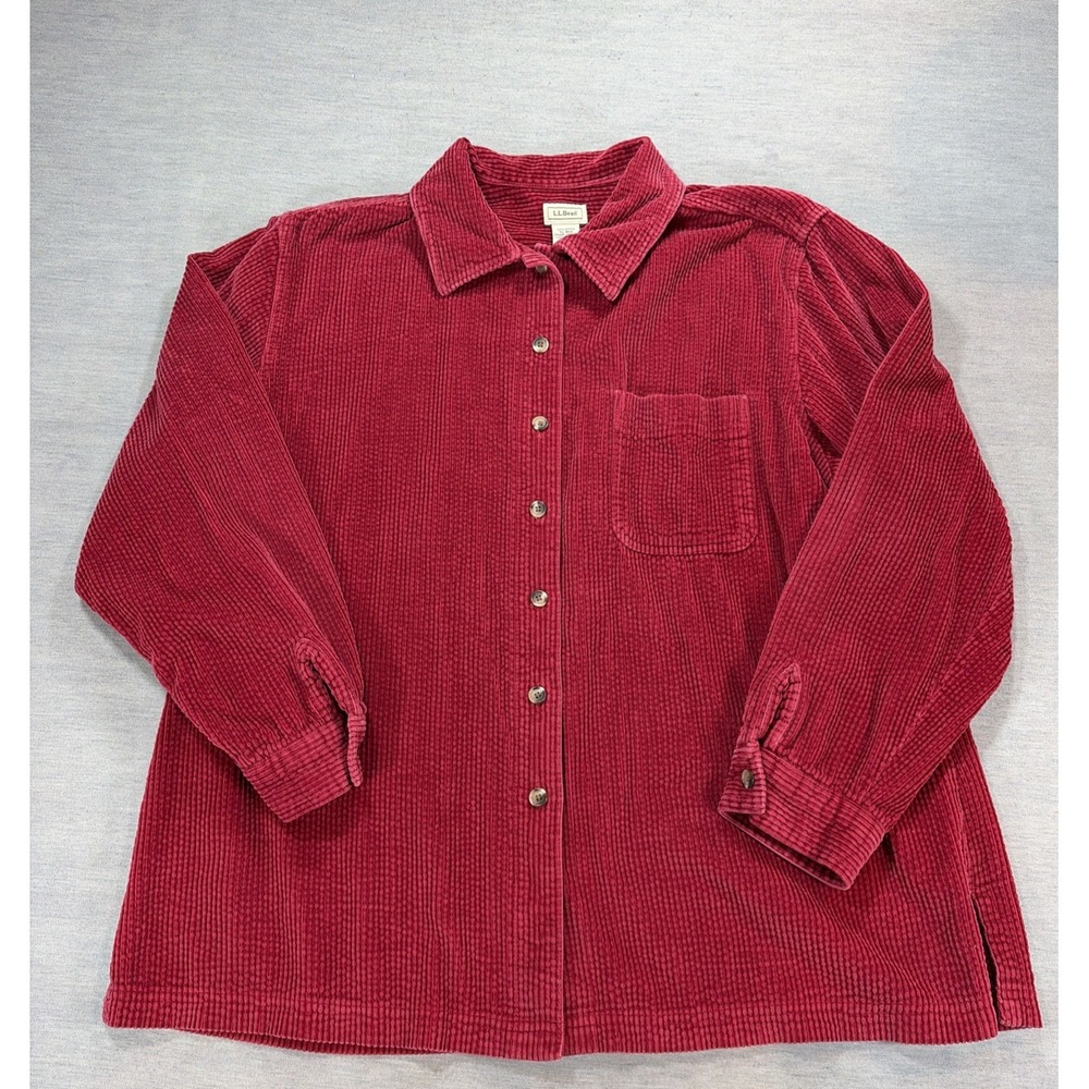 LL Bean Corduroy Shirt Button Up Sz XL Oversized Shacket Red Cotton